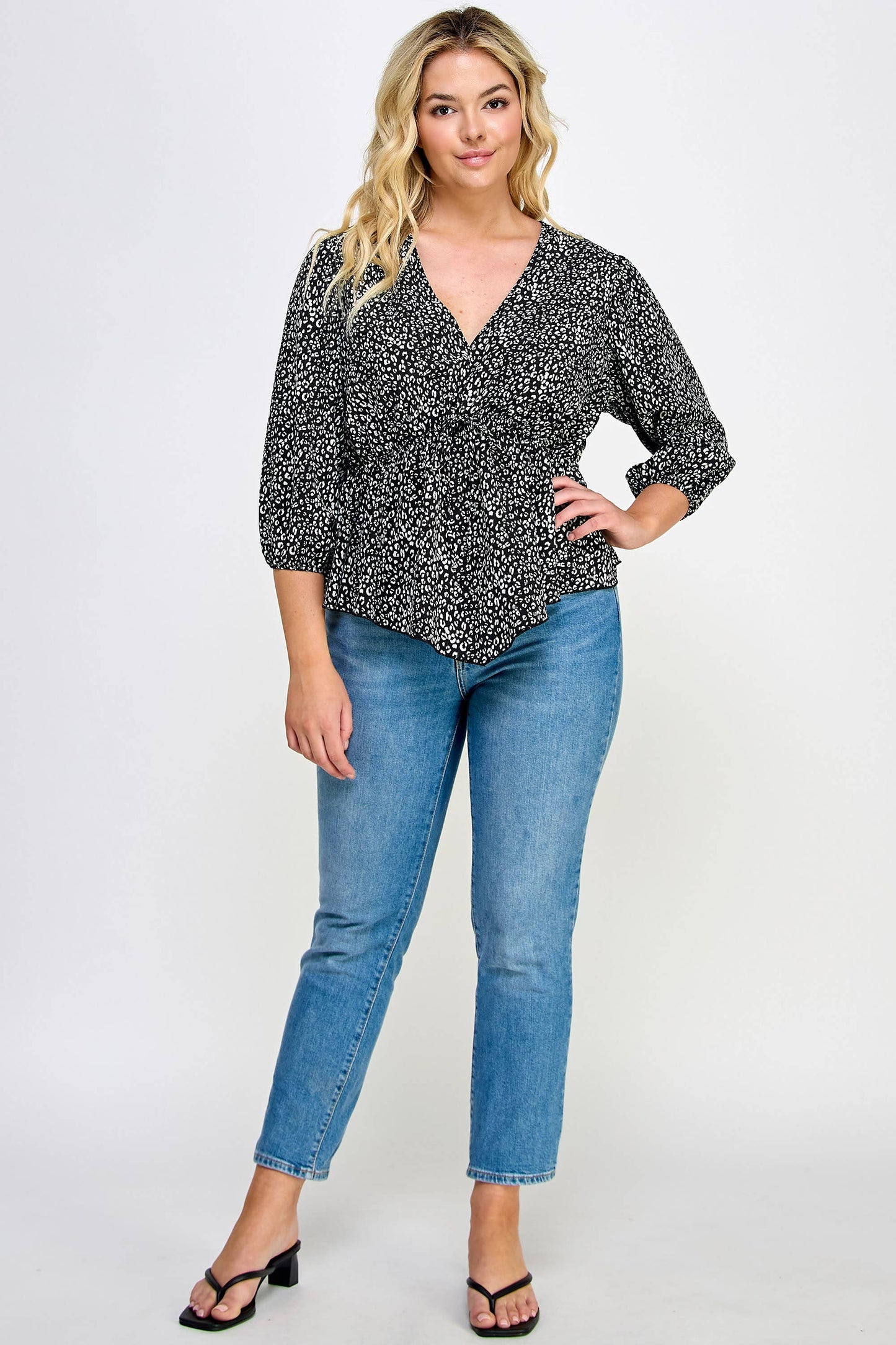 Plus Size Leopard Print Babydoll Top - NK18304-2T: Black / 1X-3X