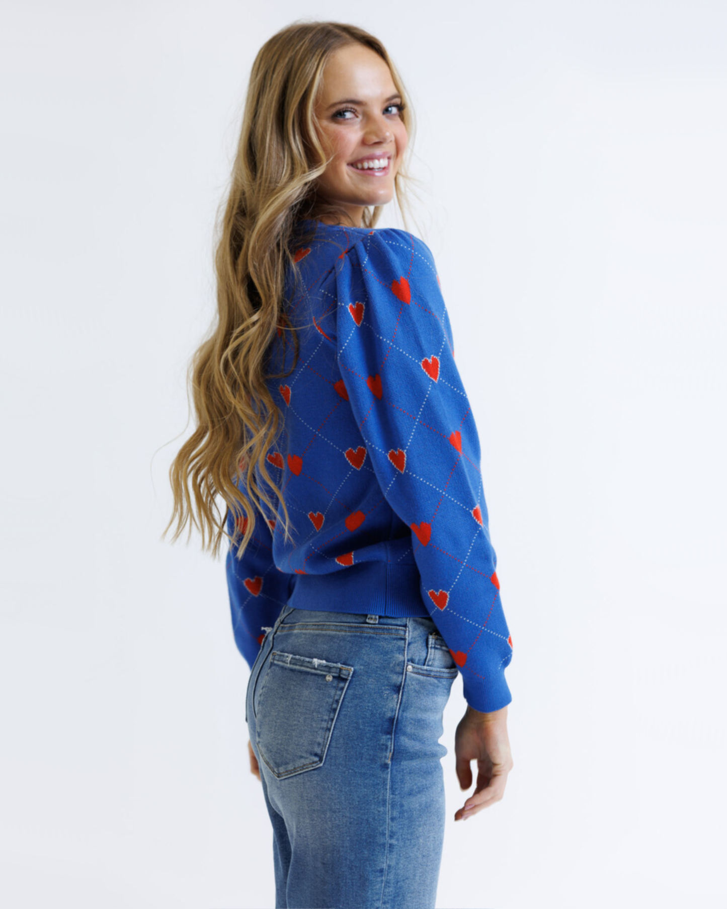 Nothing But Love Heart Print Crew Neck Pullover Sweater: Bright Blue Hearts / S-XXL