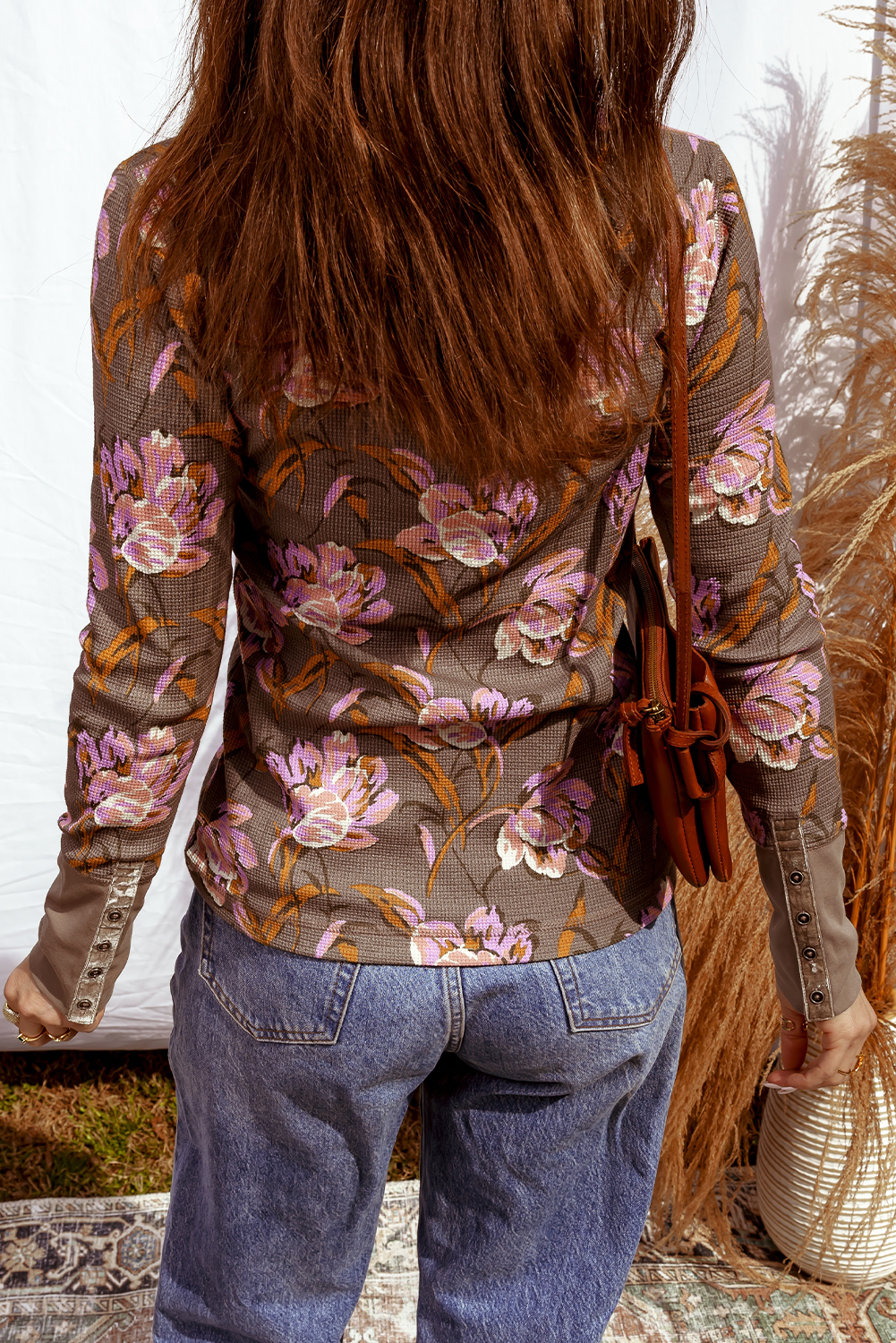 Floral Print Waffle Textured Long Sleeve Top: Brown / S-XL