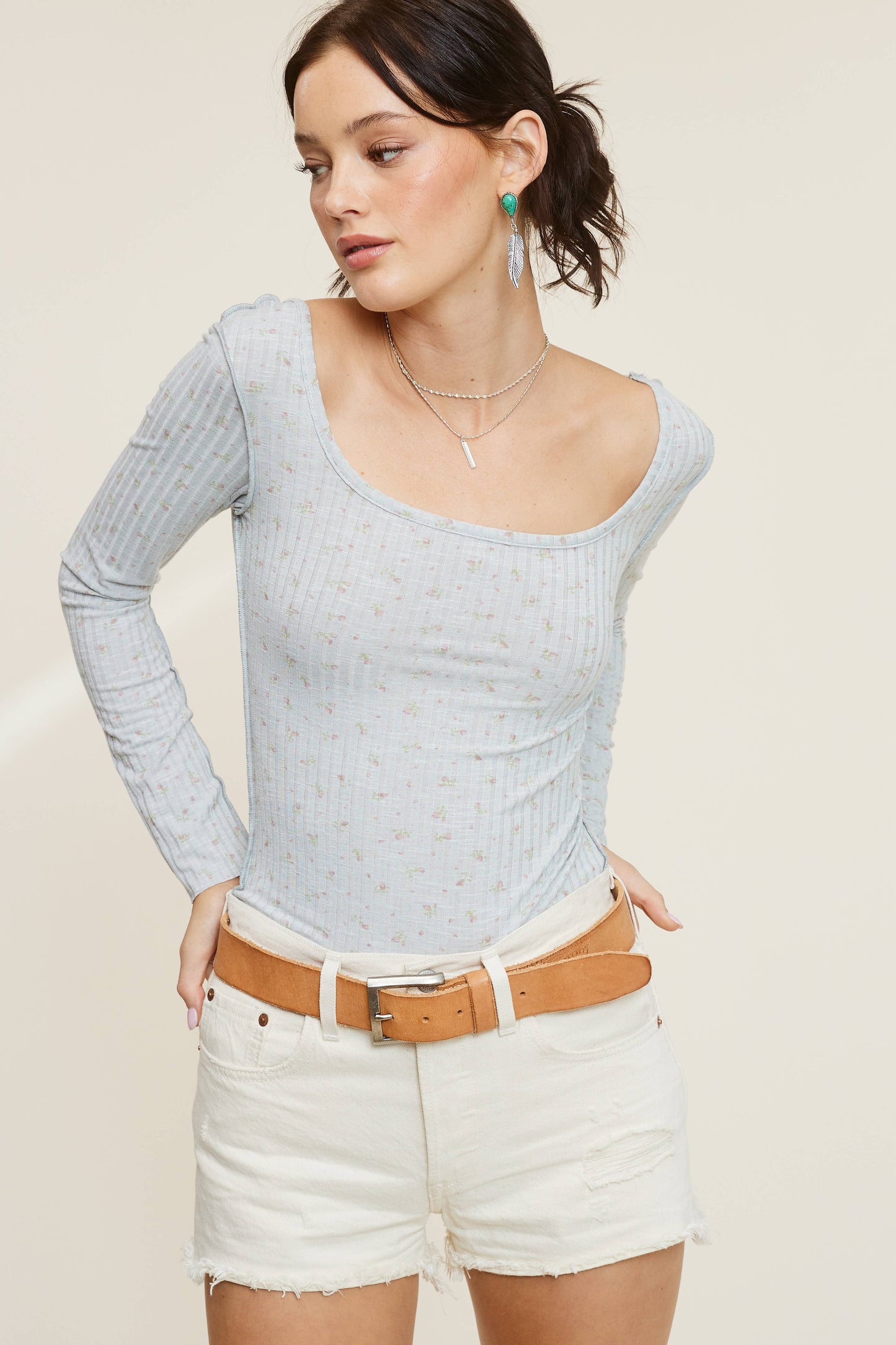 Floral Print Long Sleeve Top: Pacific / S-L