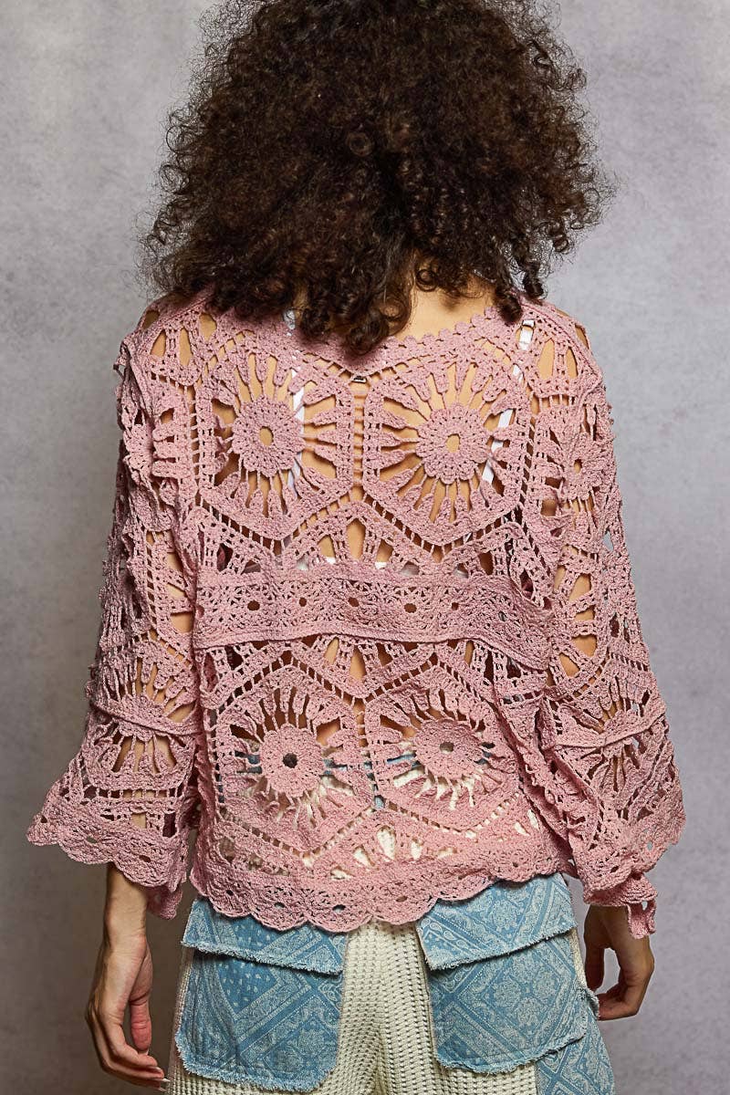 Round Neck 3/4 Sleeve Crochet Cropped Top: Two color: ROSE PINK or white / OS