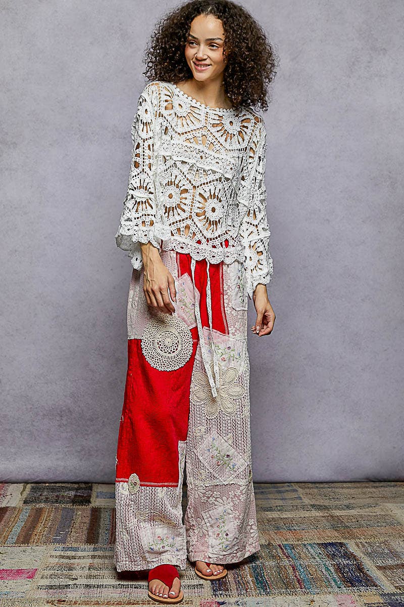Round Neck 3/4 Sleeve Crochet Cropped Top: Two color: ROSE PINK or white / OS