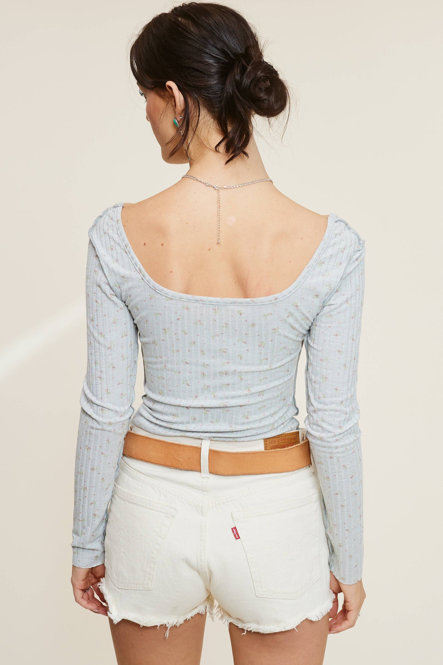 Floral Print Long Sleeve Top: Ivory / L