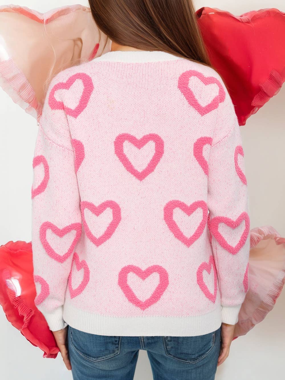 Chenille Heart Print Valentines Day Sweater: White / S-XL