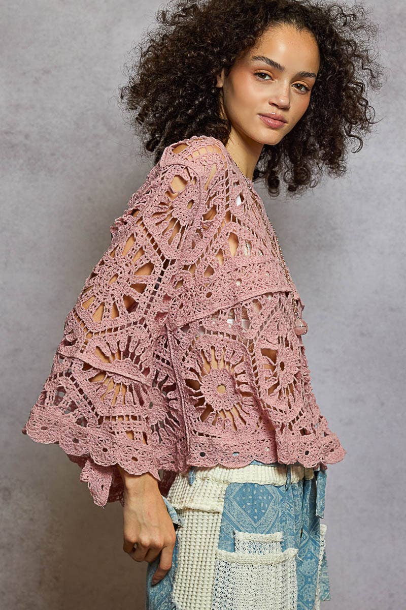 Round Neck 3/4 Sleeve Crochet Cropped Top: Two color: ROSE PINK or white / OS