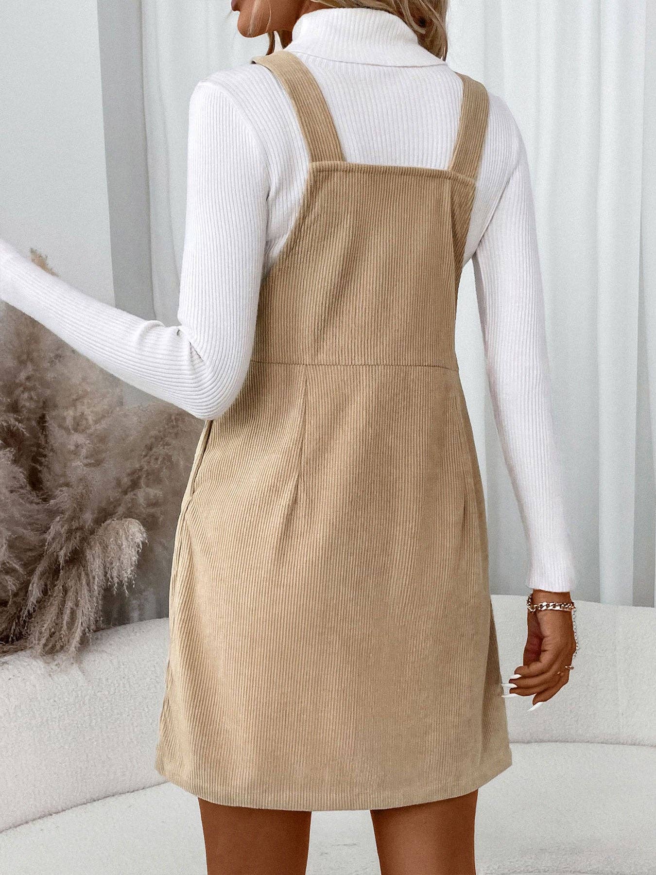 Women's Corduroy Overall Pinafore Khaki Dress with Pocket: Khaki / 100%Polyester / S-XL