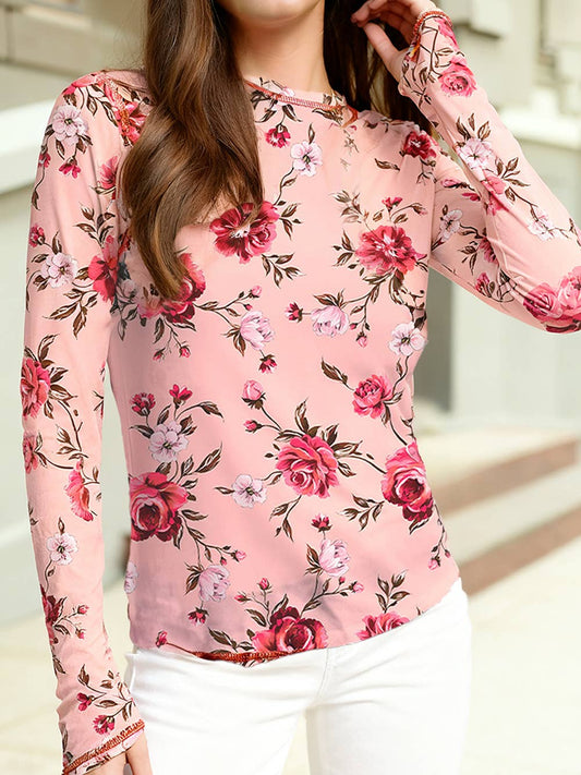 Floral Print Exposed Seam Detail Mesh Long Sleeve Top: Pink / S-XL