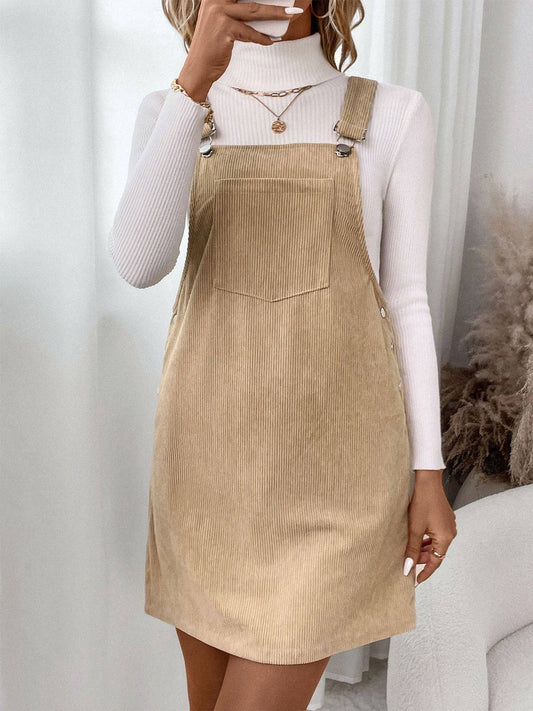 Women's Corduroy Overall Pinafore Khaki Dress with Pocket: Khaki / 100%Polyester / S-XL