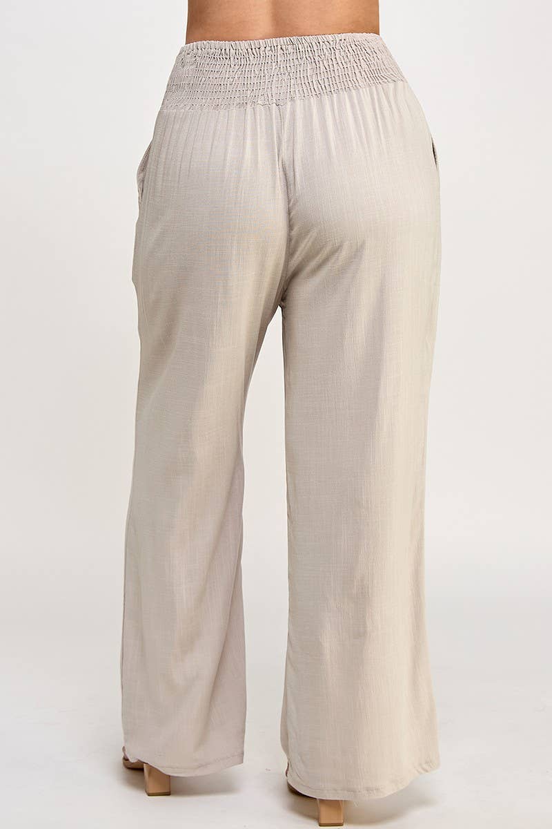 Plus Size Smocked Waist Wide Leg Pant JK18641-P: Natural / Plus Size / 2XL