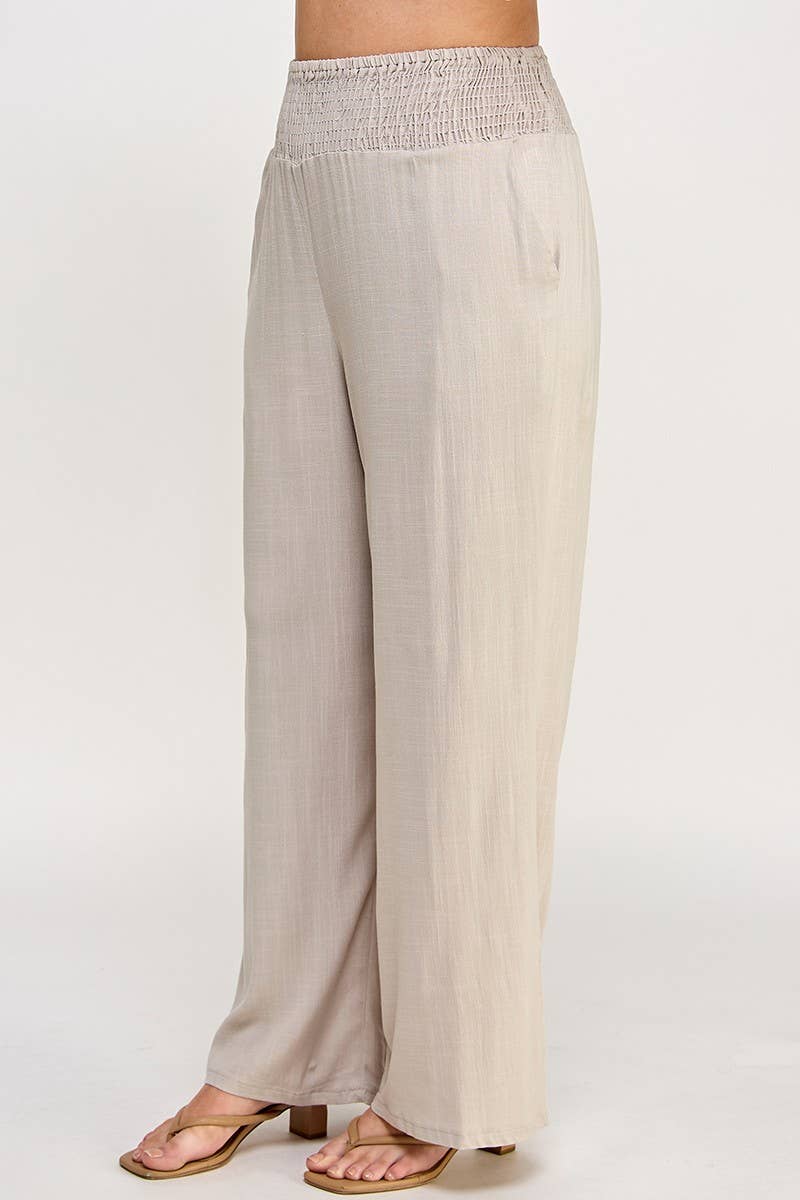 Plus Size Smocked Waist Wide Leg Pant JK18641-P: Natural / Plus Size / 2XL