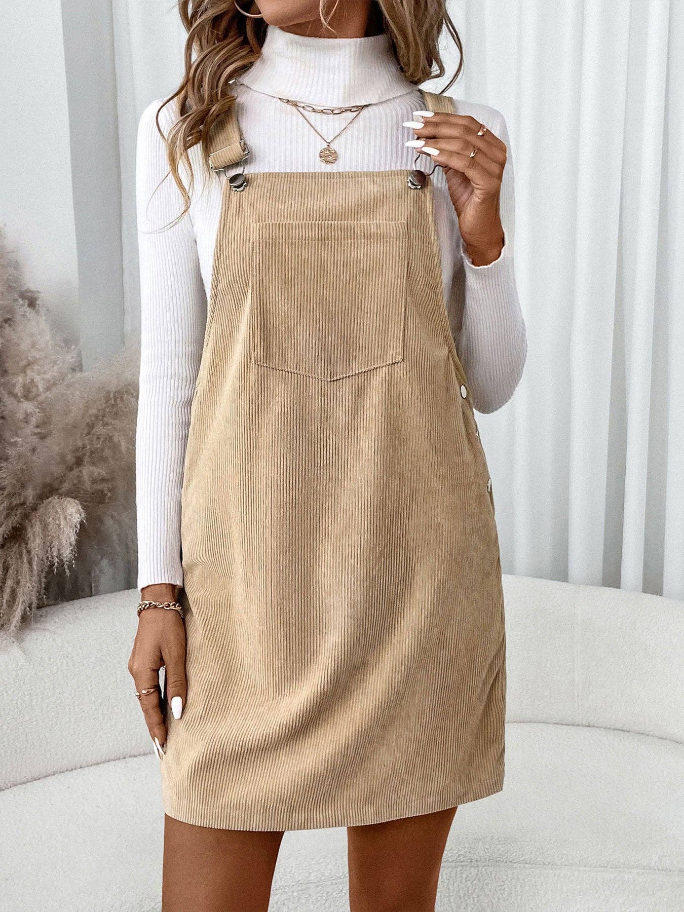 Women's Corduroy Overall Pinafore Khaki Dress with Pocket: Khaki / 100%Polyester / S-XL