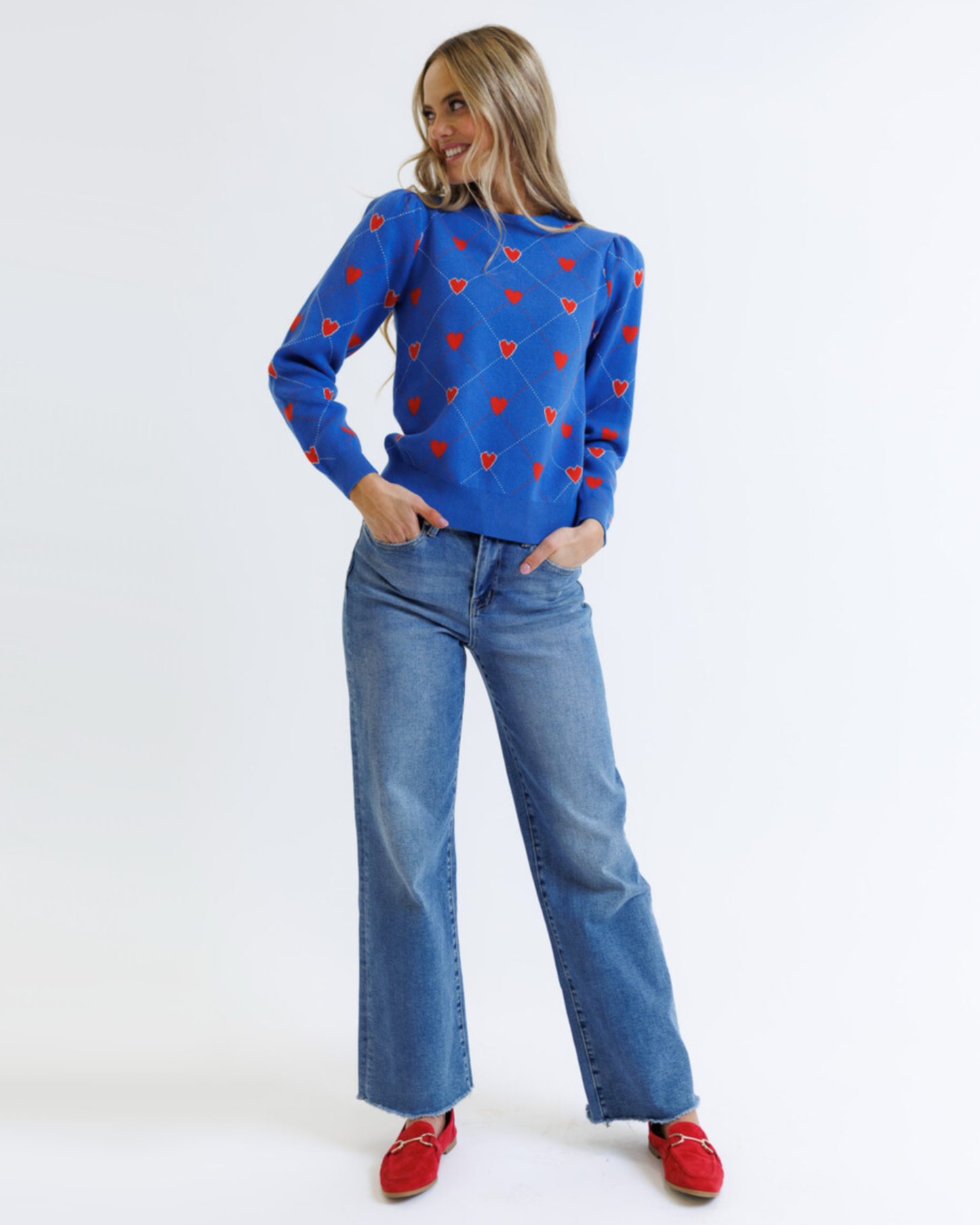 Nothing But Love Heart Print Crew Neck Pullover Sweater: Bright Blue Hearts / S-XXL