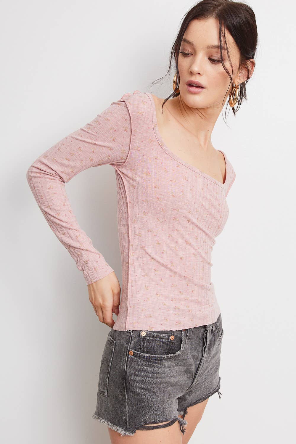 Floral Print Long Sleeve Top: Ivory / L