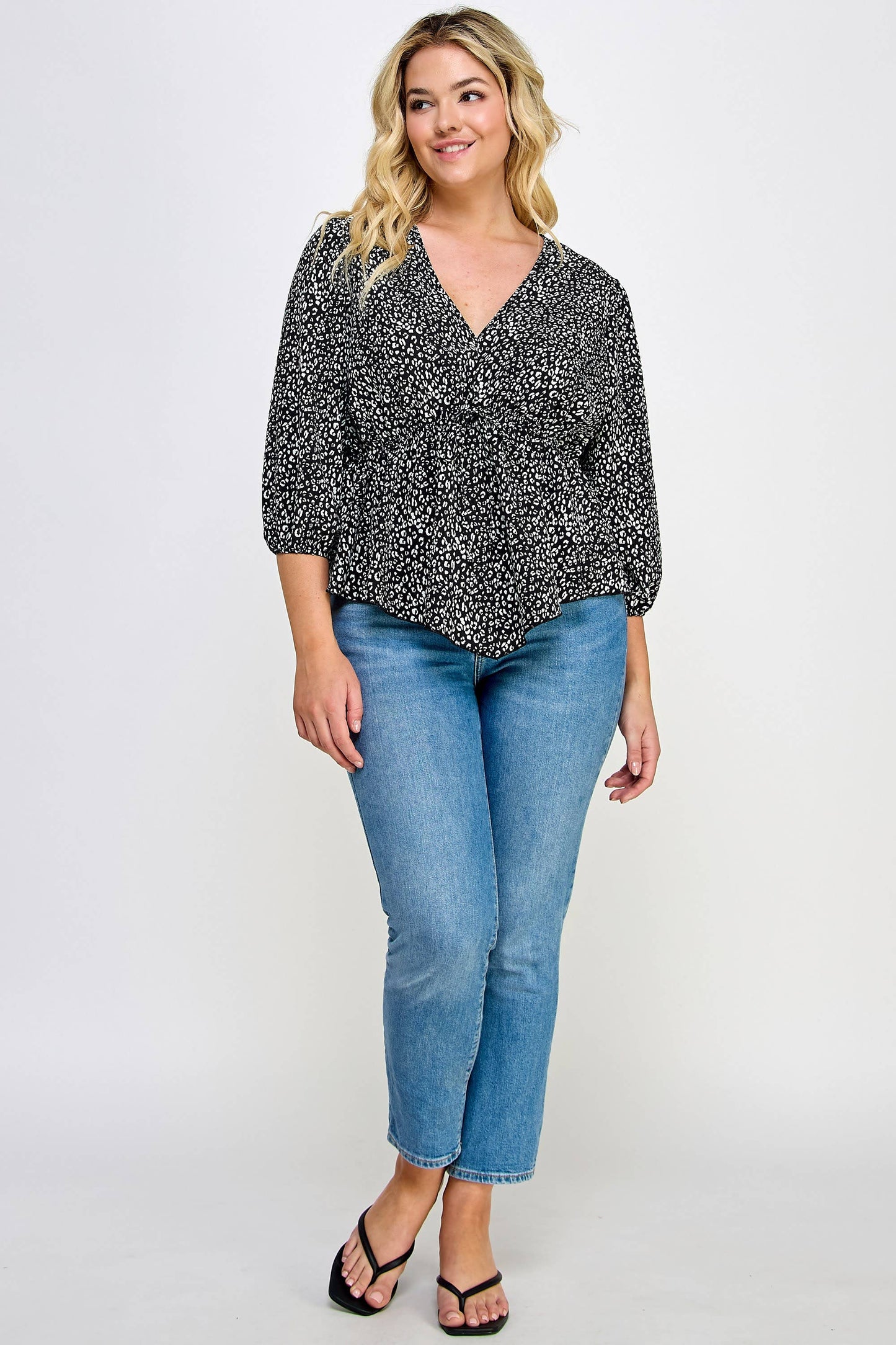 Plus Size Leopard Print Babydoll Top - NK18304-2T: Black / 1X-3X