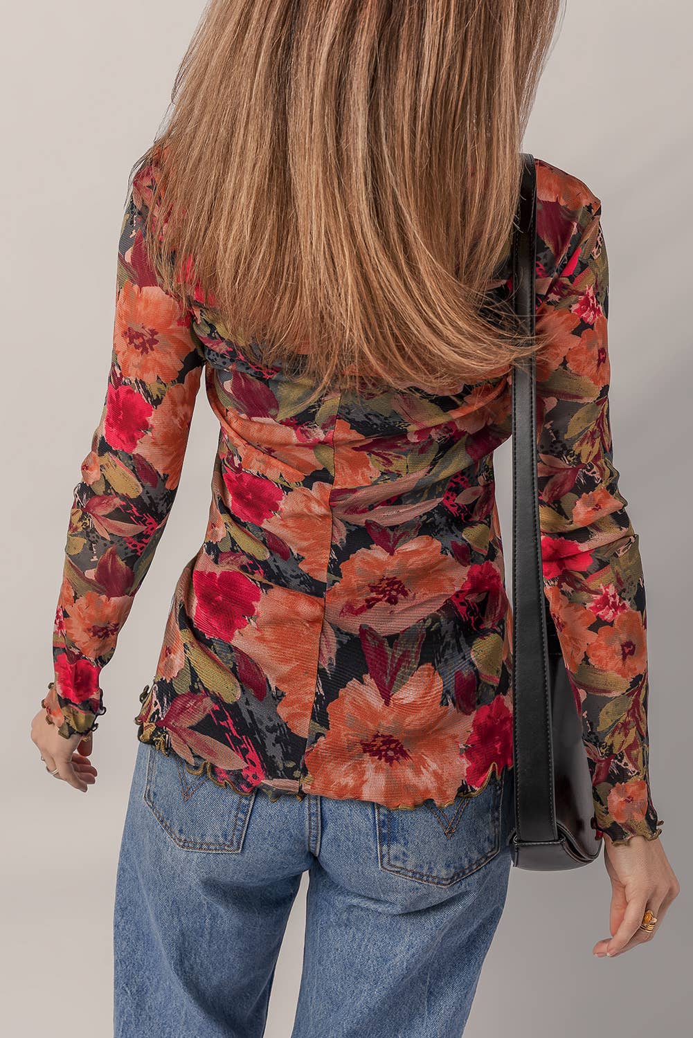 Floral Print Lettuce Trim Long Sleeve Mesh Top: Multi-Colored / S-XL