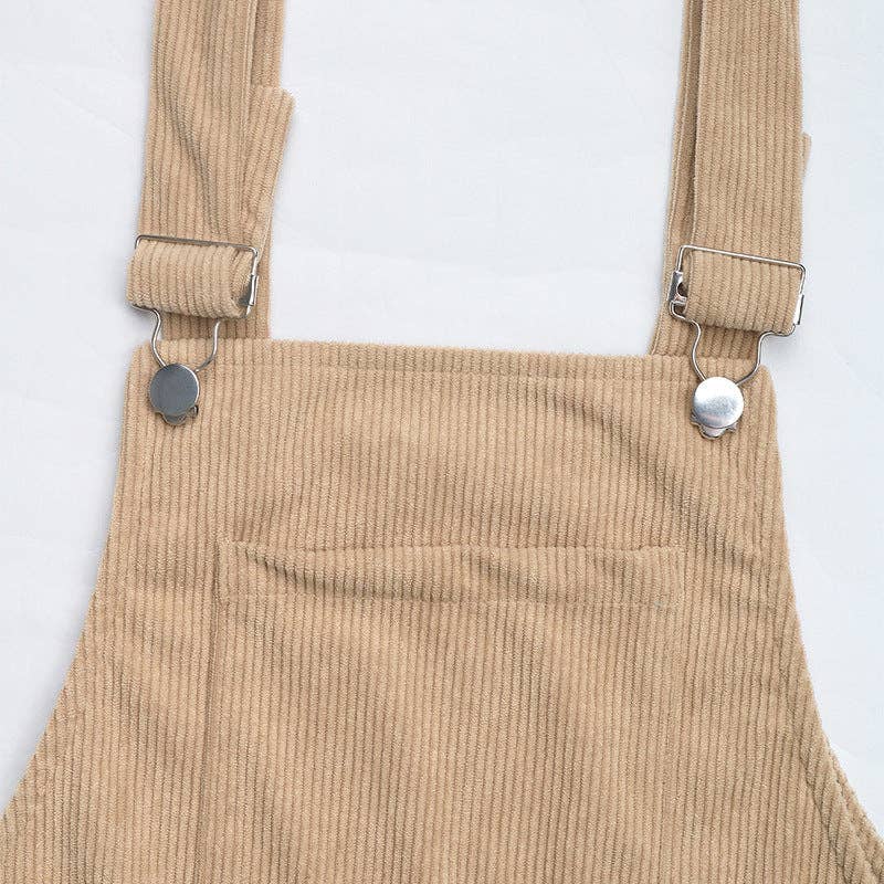 Women's Corduroy Overall Pinafore Khaki Dress with Pocket: Khaki / 100%Polyester / S-XL