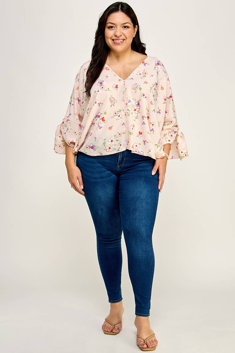Plus Size Floral Dolman Blouse - NK18318-T: Peach / Plus Size / XL-3XL