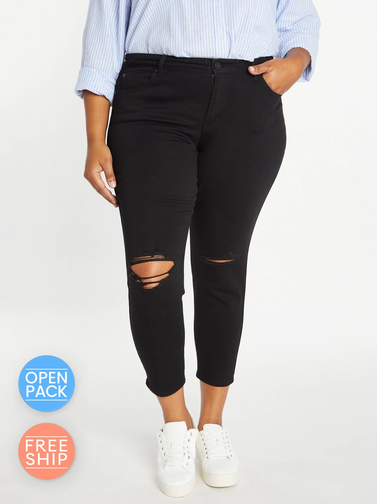 PRE PACK Plus Size Distressed Ankle Grazer Jeans WEP3282XL : Black / 1X-3X