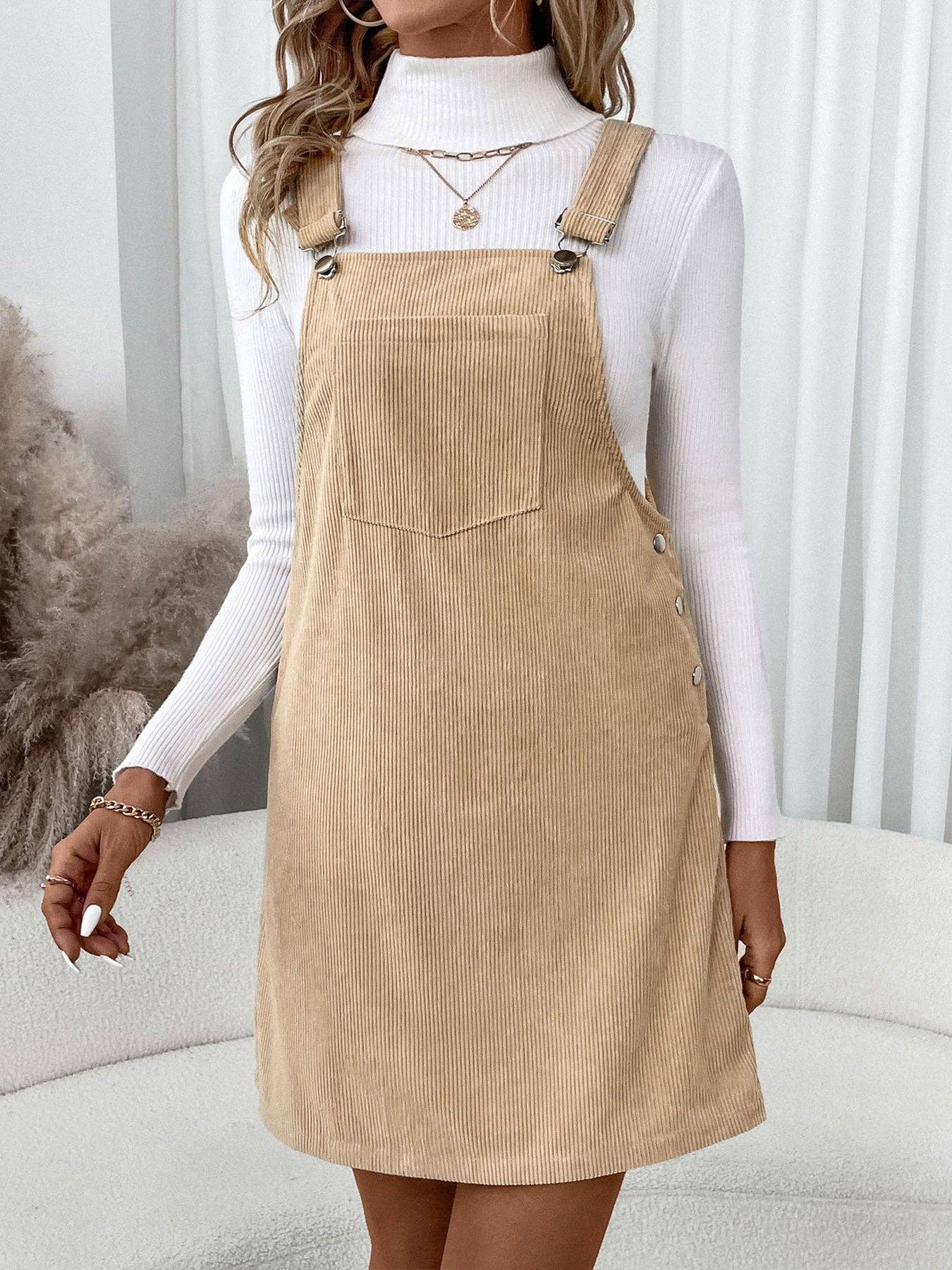 Women's Corduroy Overall Pinafore Khaki Dress with Pocket: Khaki / 100%Polyester / S-XL