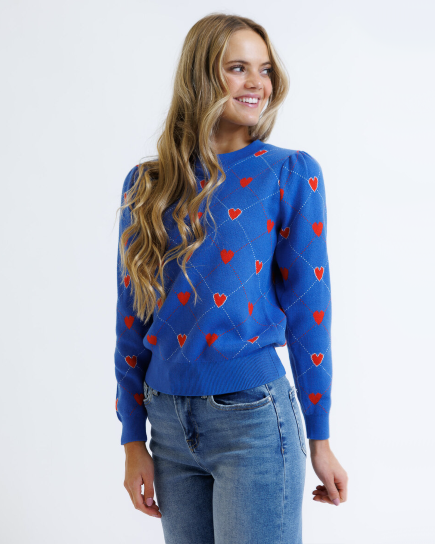 Nothing But Love Heart Print Crew Neck Pullover Sweater: Bright Blue Hearts / S-XXL