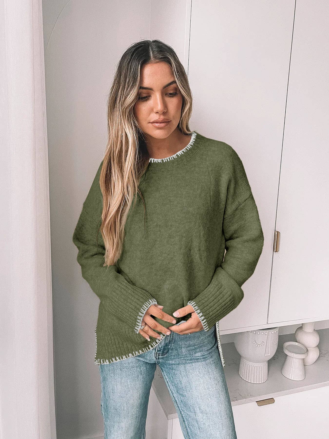 Solid Color Versatile Split-end Pullover Sweater: Dark Gray / 50%Viscose+25Nylon+25%Polyester / L