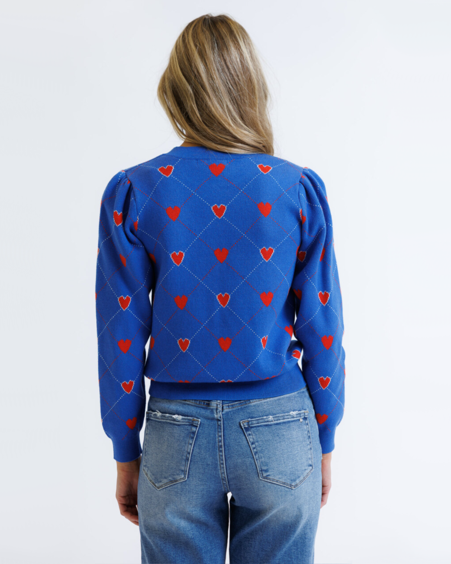 Nothing But Love Heart Print Crew Neck Pullover Sweater: Bright Blue Hearts / S-XXL