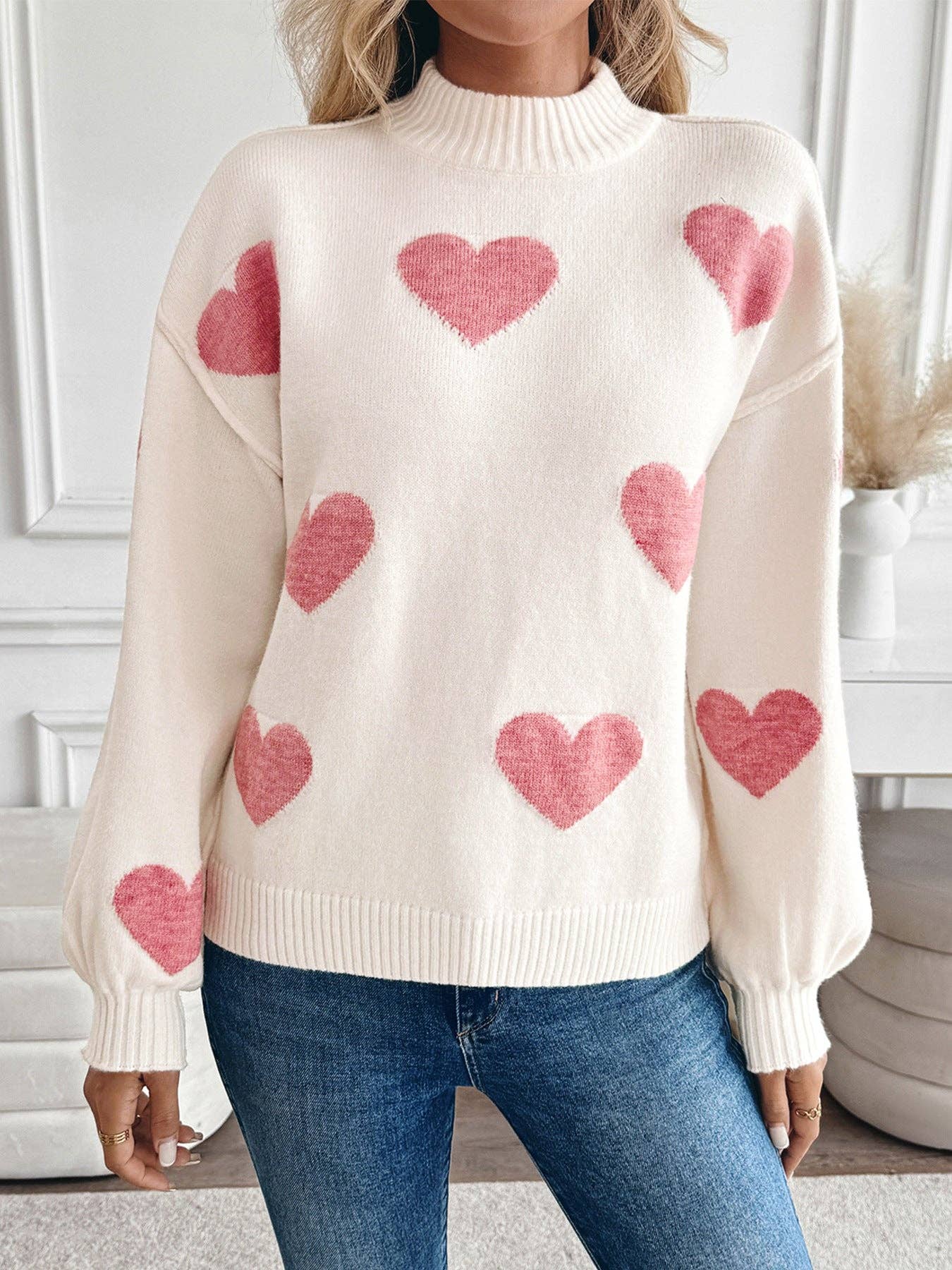 Pink Heart Knit Sweater Half Turtleneck Casual Pullover: Light Pink. / 52% Acrylic 28%polyamide 20%POLYESTER / S-XL