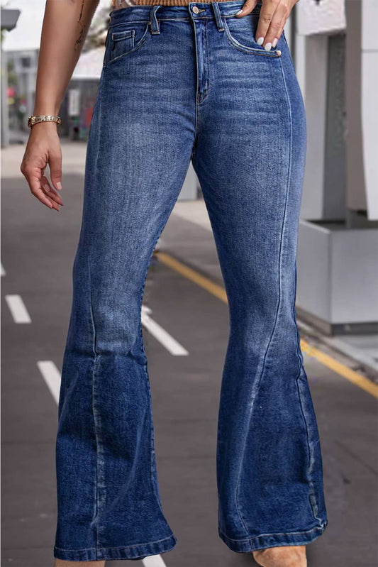 Dark Blue Plus Size Stitching Washed Flare Jeans: Blue / Plus Size / 2X