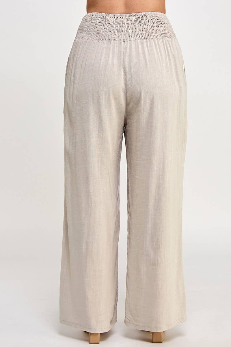 Plus Size Smocked Waist Wide Leg Pant JK18641-P: Natural / Plus Size / 2XL