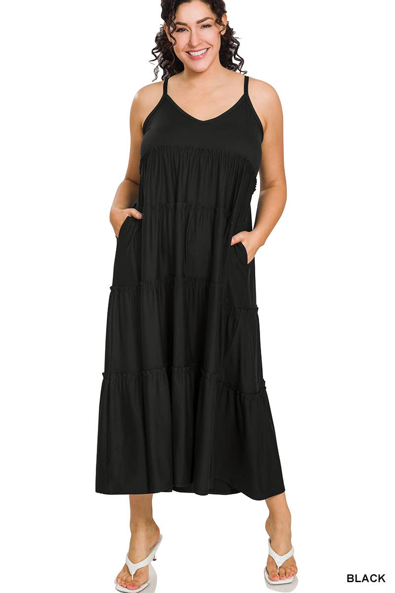 Plus V-neck Cami Maxi Tiered Dress W/ Side Pockets: Black / (1XL-2XL-3XL)