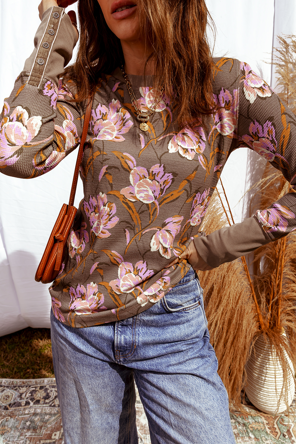 Floral Print Waffle Textured Long Sleeve Top: Brown / S-XL
