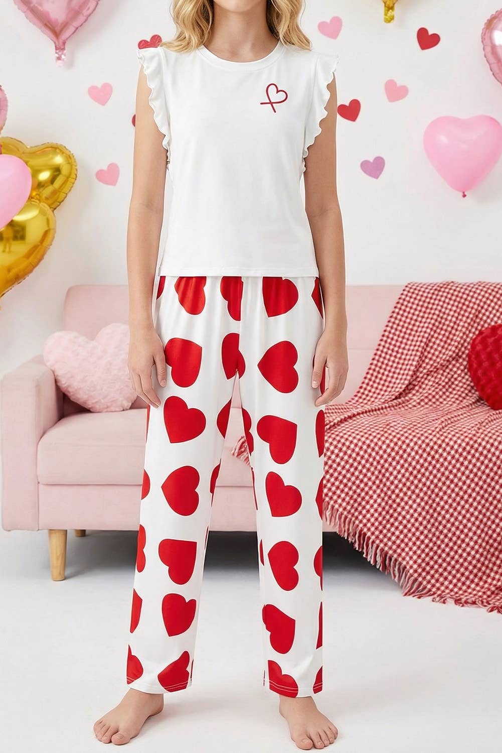 Heart Print Lounge Pants: Pink / S-2XL