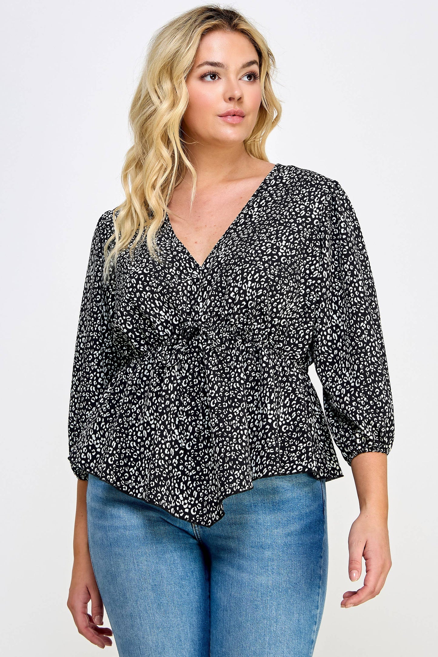 Plus Size Leopard Print Babydoll Top - NK18304-2T: Black / 1X-3X