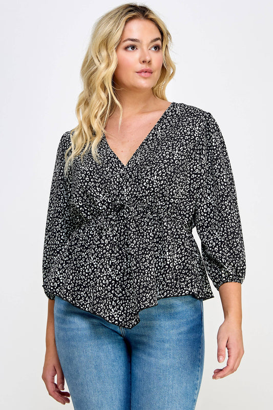 Plus Size Leopard Print Babydoll Top - NK18304-2T: Black / 1X-3X