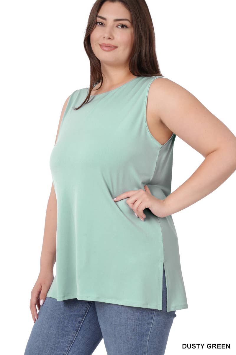 Plus Ity Sleeveless Side Slit Top: DUSTY GREEN / (1XL-2XL-3XL)