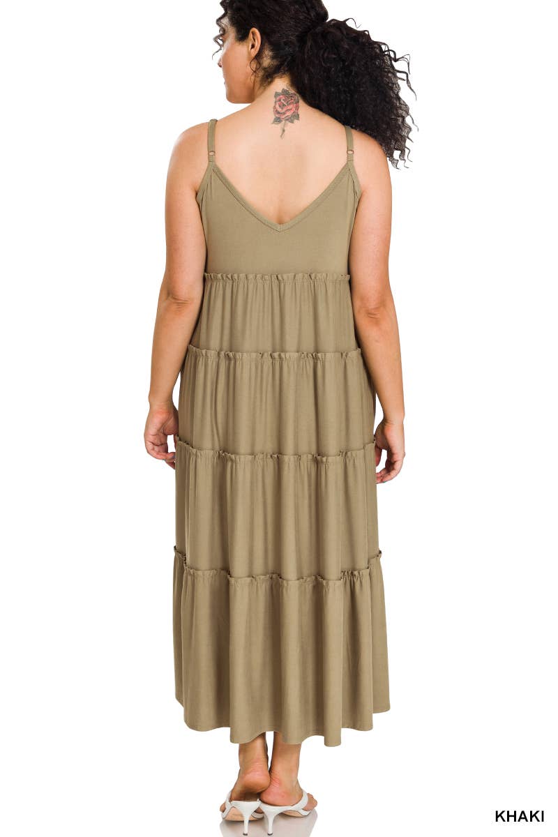 Plus V-neck Cami Maxi Tiered Dress W/ Side Pockets: Black / (1XL-2XL-3XL)