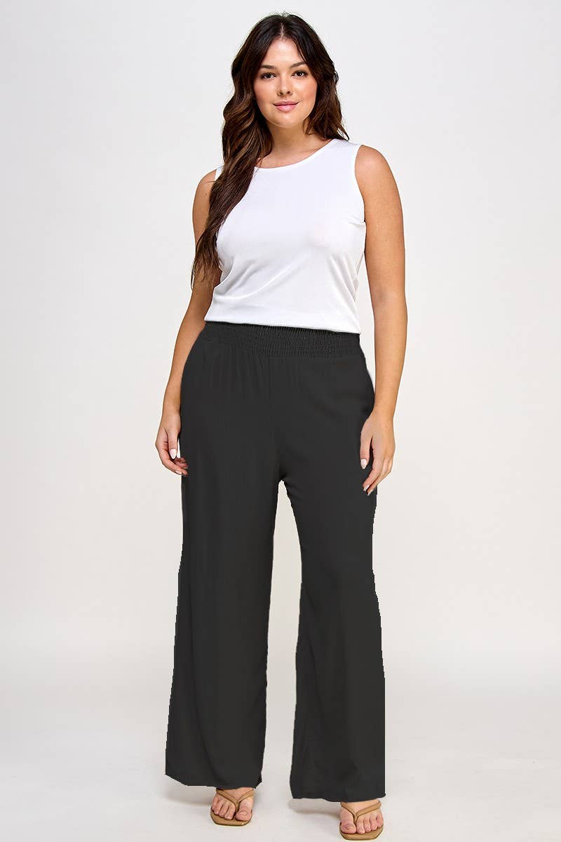 Plus Size Smocked Waist Wide Leg Pant JK18641-P: Natural / Plus Size / 2XL