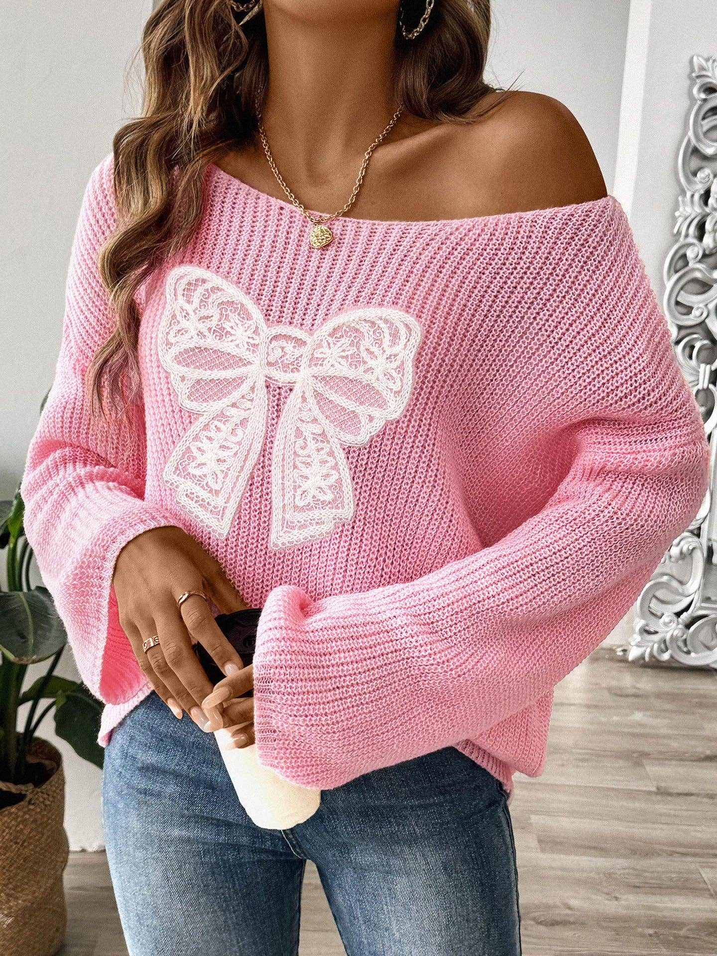 Embroidered Bow Off-Shoulder Bell Sleeve Sweater: Pink / S-XL