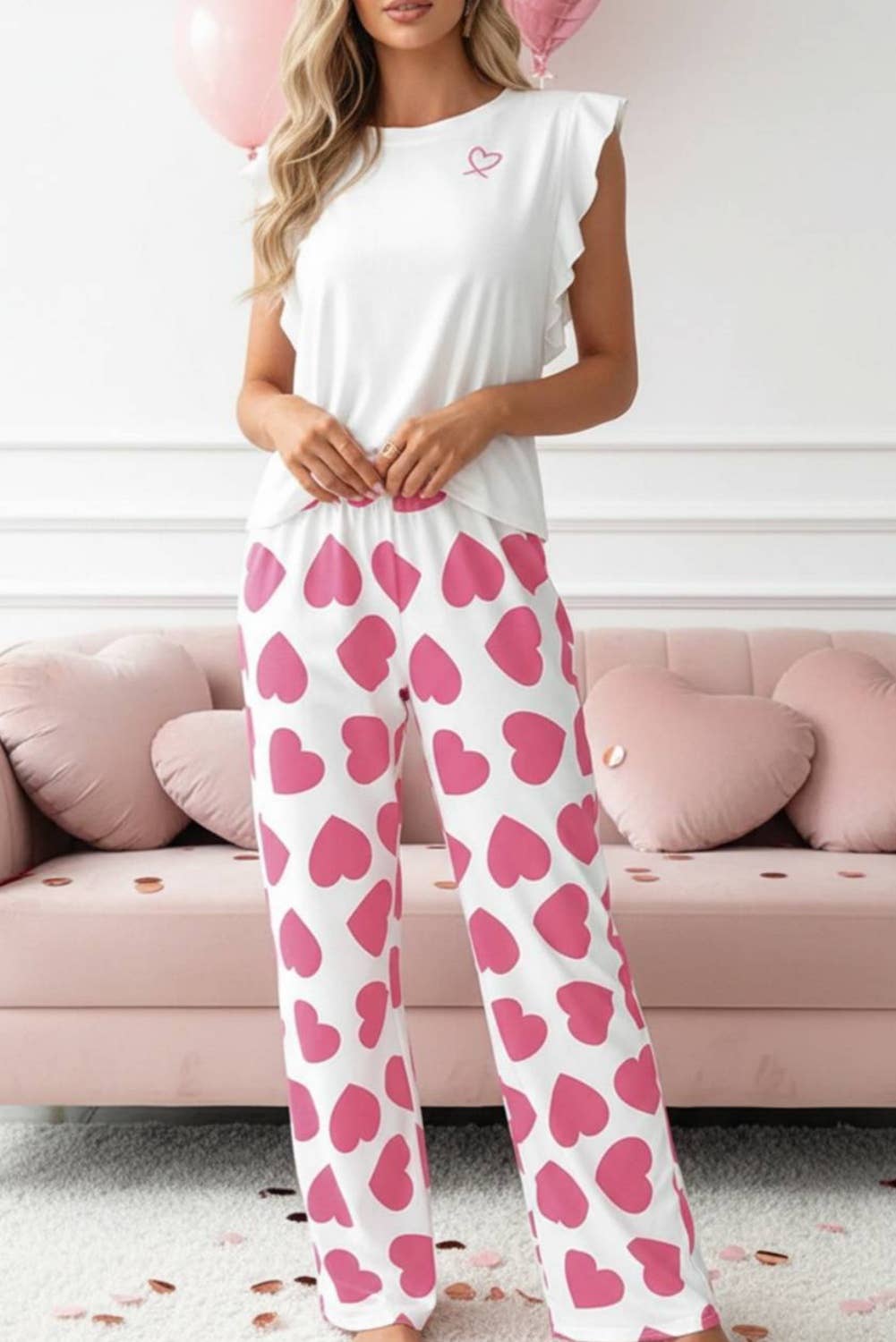 Heart Print Lounge Pants: Pink / S-2XL