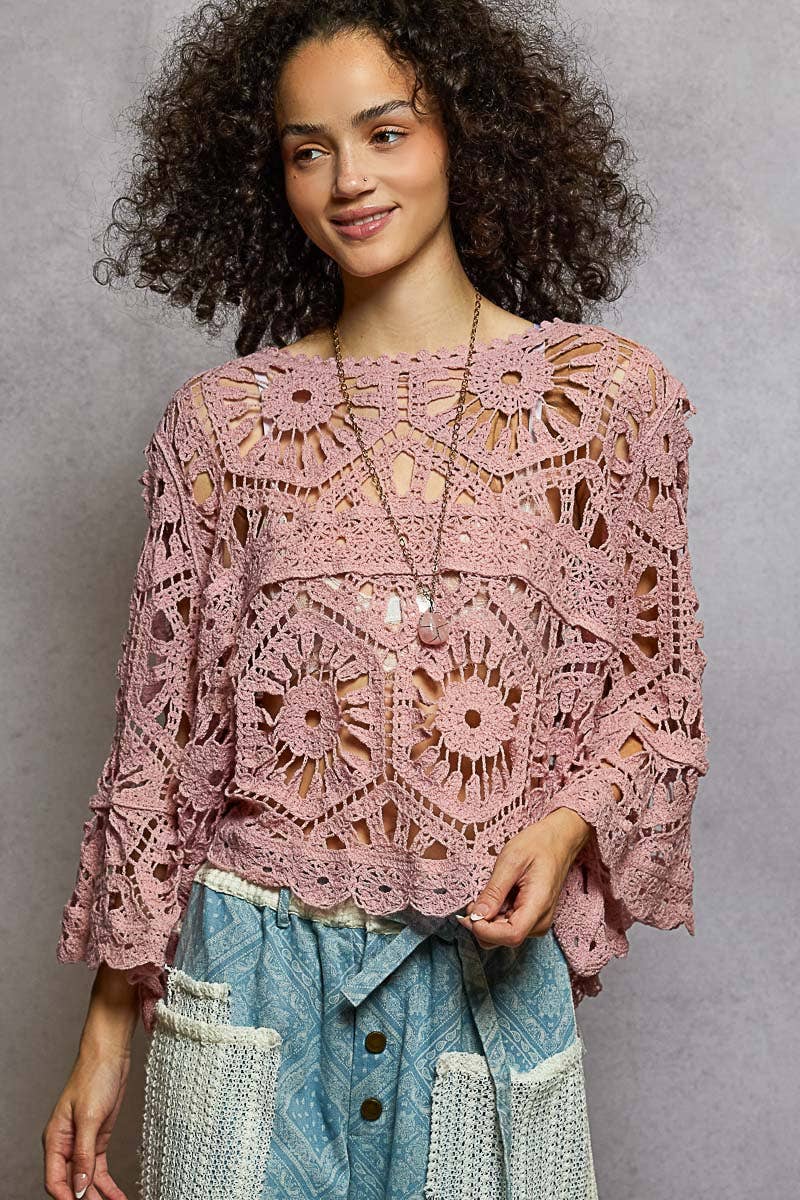 Round Neck 3/4 Sleeve Crochet Cropped Top: Two color: ROSE PINK or white / OS