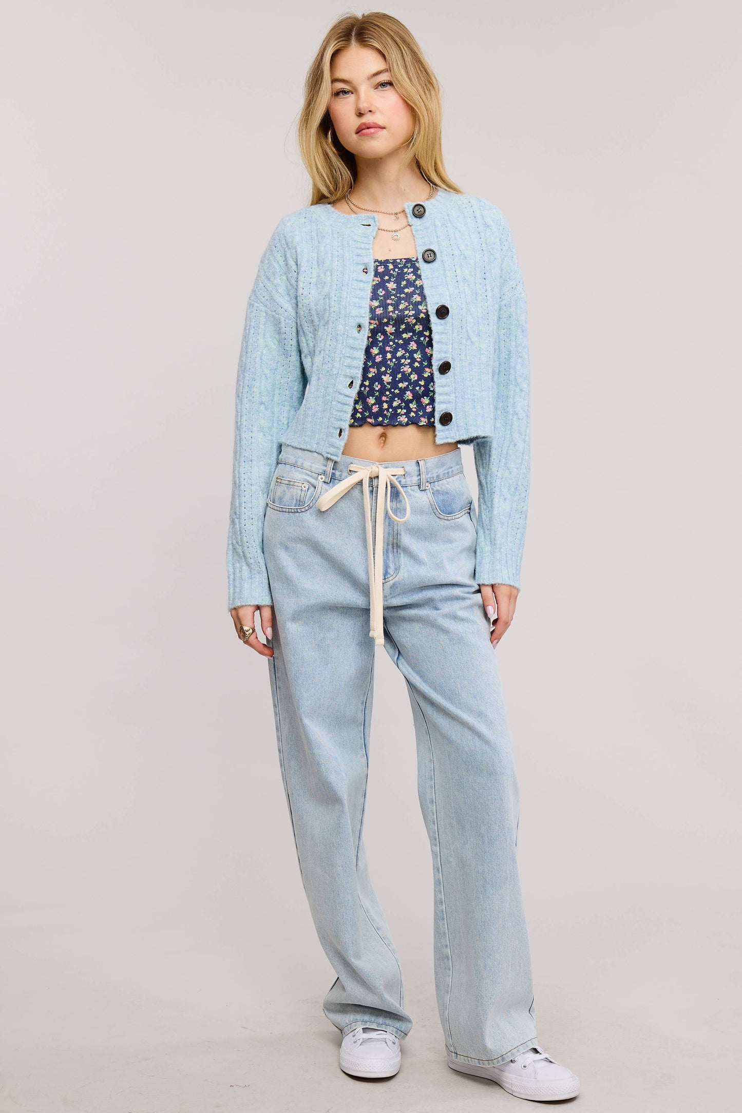 Cable-Knit Crop Button-Front Sweater Cardigan: Arctic / S