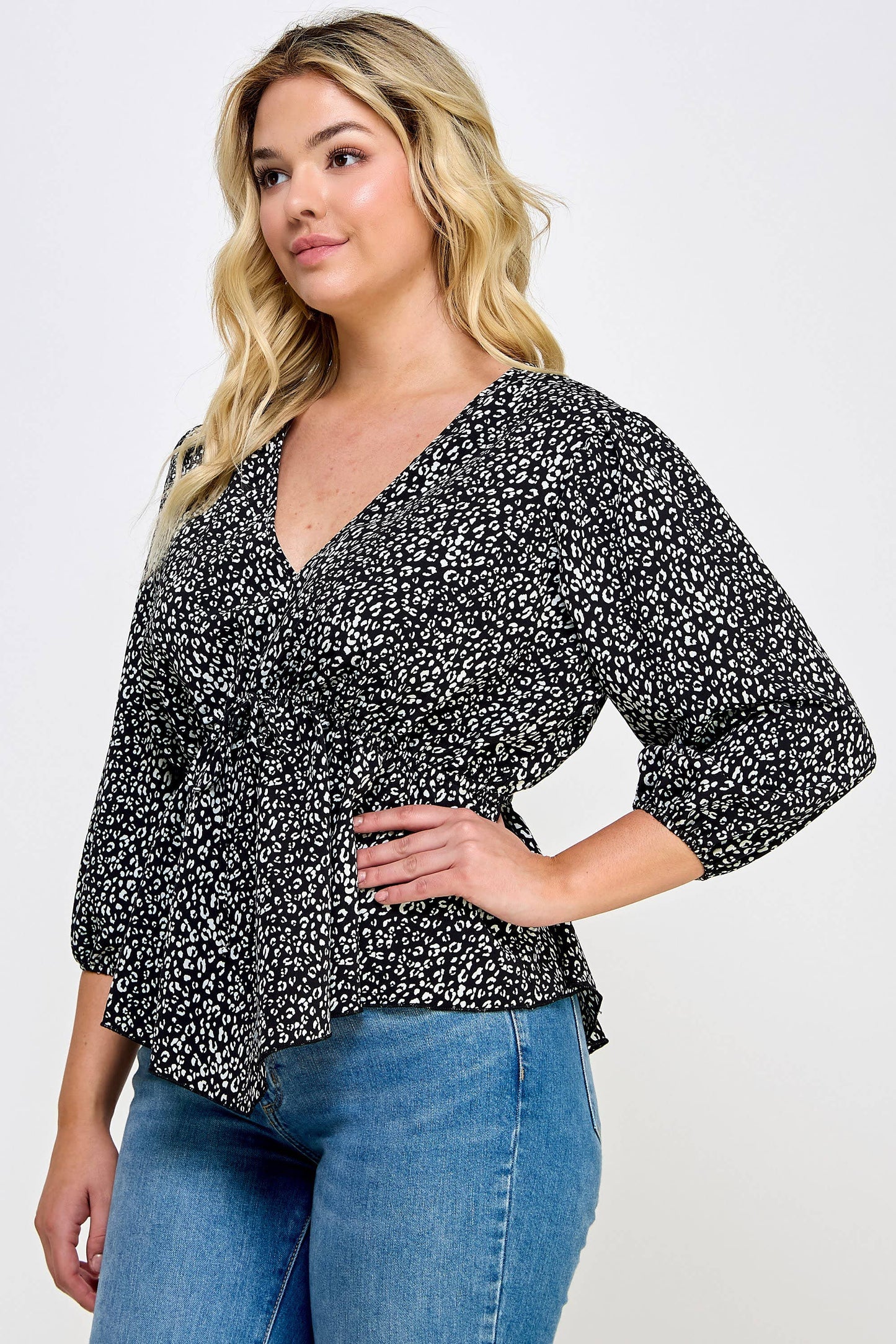 Plus Size Leopard Print Babydoll Top - NK18304-2T: Black / 1X-3X