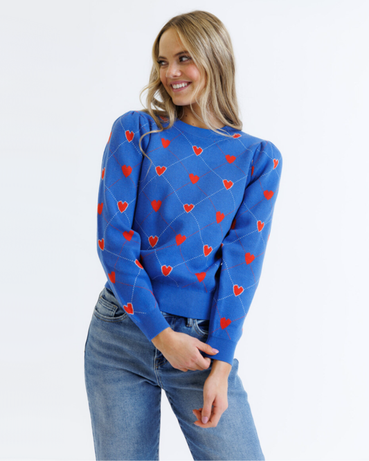 Nothing But Love Heart Print Crew Neck Pullover Sweater: Bright Blue Hearts / S-XXL
