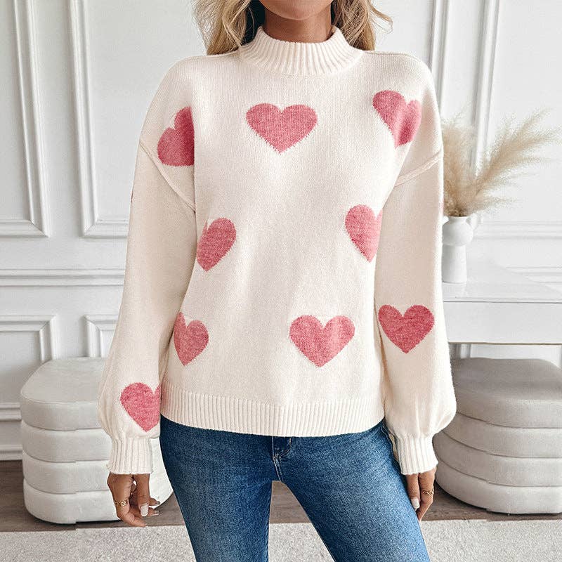 Pink Heart Knit Sweater Half Turtleneck Casual Pullover: Light Pink. / 52% Acrylic 28%polyamide 20%POLYESTER / S-XL