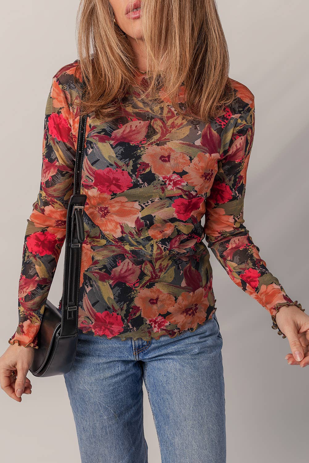 Floral Print Lettuce Trim Long Sleeve Mesh Top: Multi-Colored / S-XL