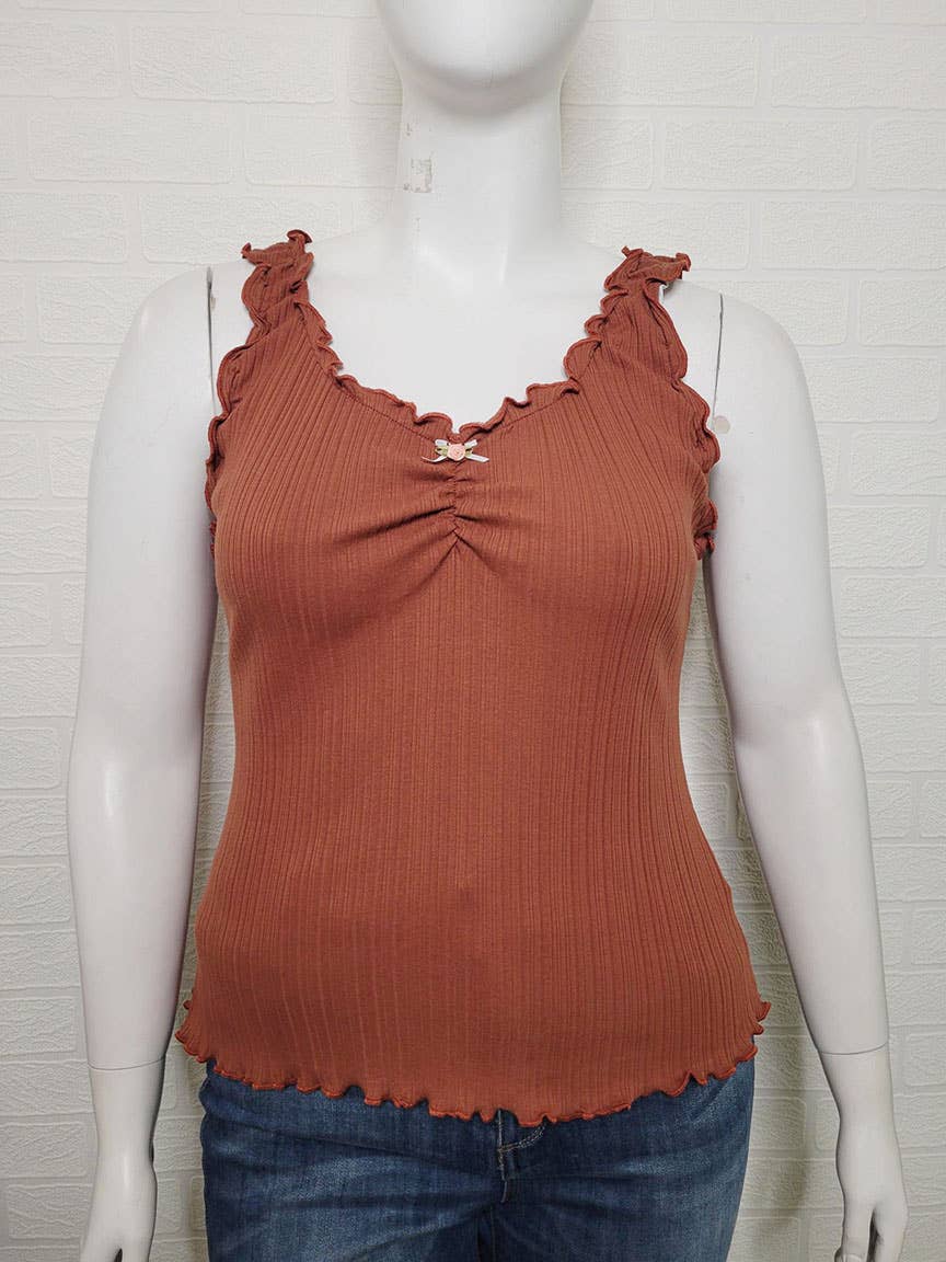 Plus Size Curly Merrow Ribbed Tank With Bow JK18034-T: Copper / Plus Size / 1XL-3XL
