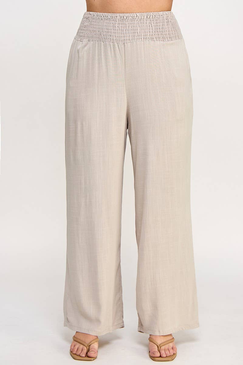 Plus Size Smocked Waist Wide Leg Pant JK18641-P: Natural / Plus Size / 2XL