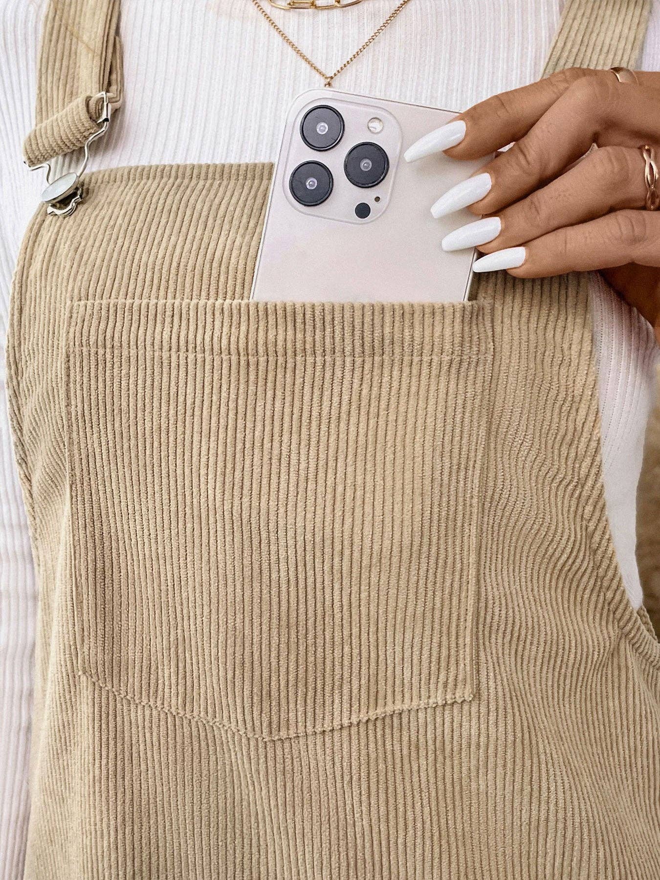 Women's Corduroy Overall Pinafore Khaki Dress with Pocket: Khaki / 100%Polyester / S-XL