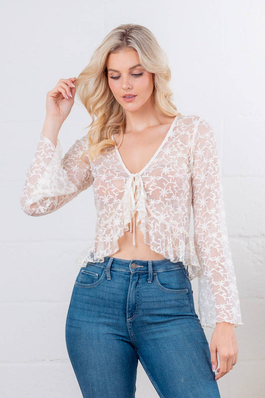 LT64353T-Flyaway ruffle front tie cardigan: CREAM / Contemporary / S-L