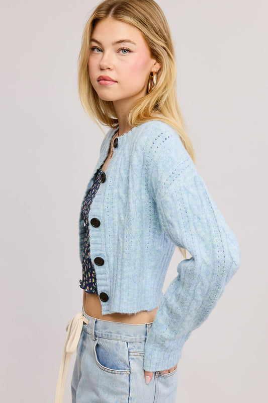 Cable-Knit Crop Button-Front Sweater Cardigan: Arctic / S